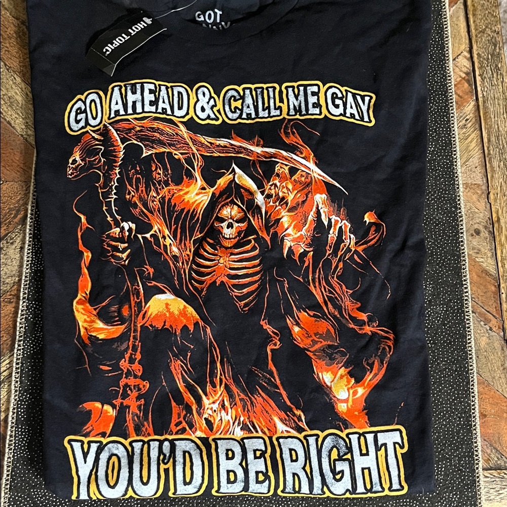 Hot Topic Black Tee with Skeleton and Flames